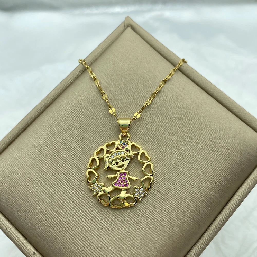 Gold Plated Stainless Steel Necklace For Women Round  Pendant Pretty Cute Girl Fashion Steel Jewerly Necklace New In Accessories