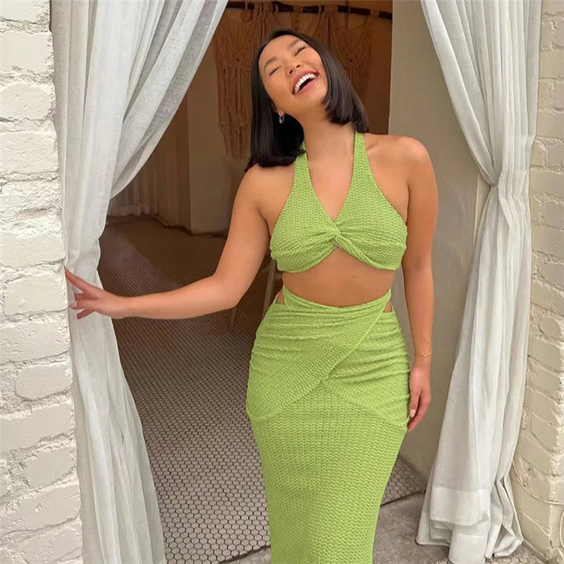 Summer Women's Suit Sexy Neckline Crop Top And Slim-Fit Maxi Dress Set Green Lady Fashion Casual Two-Piece Set