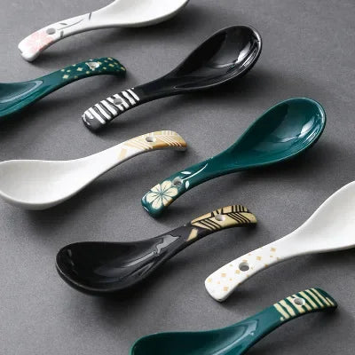 Ceramic Dark Green Underglaze Color Household Japanese Tableware Malachite Green Net Red Small Spoon Household Kitchenware