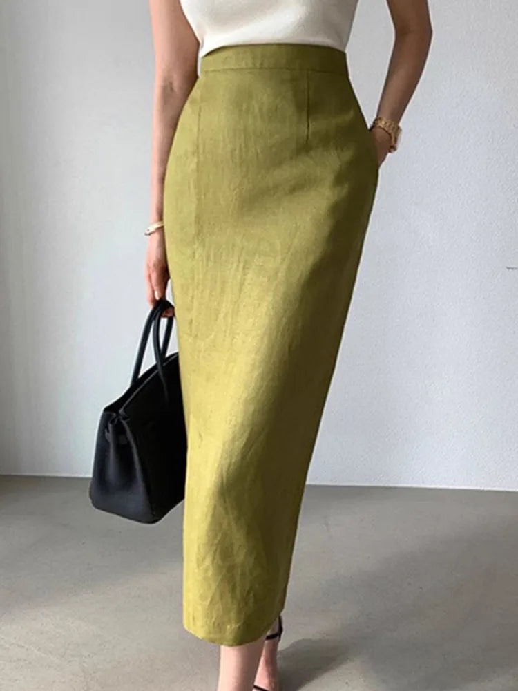 Temperament Versatile Solid Color Green High Waist Buttocks Wrapped Long Skirt For Women 2024 Summer slim skirts