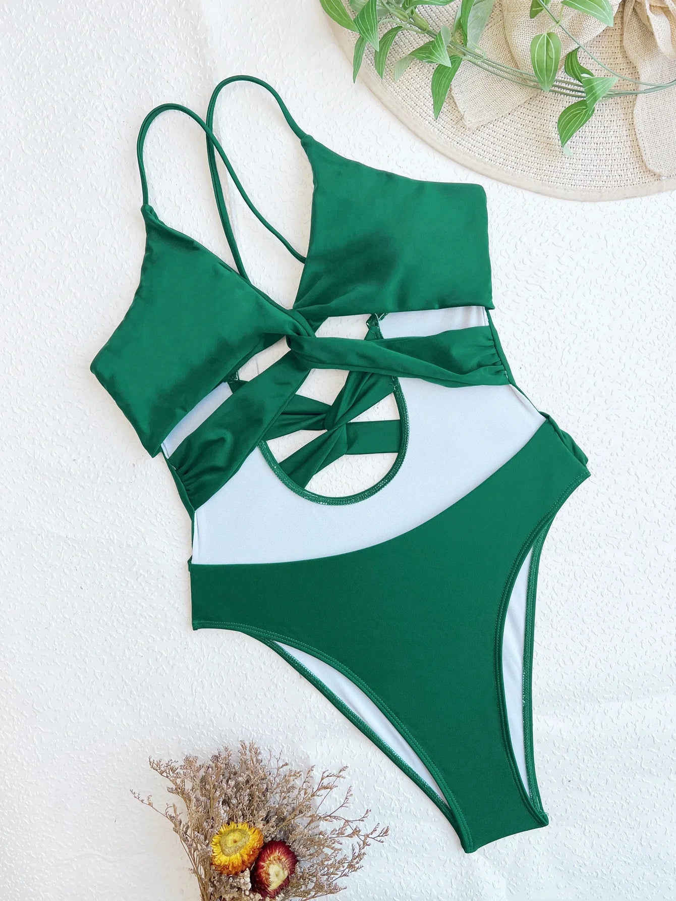 Sexy Green Hollow Out Bikini Solid Color One Piece Swimsuit Women 2024 Cross V-neck Slim Swimwear Summer Beach Vacation Monokini