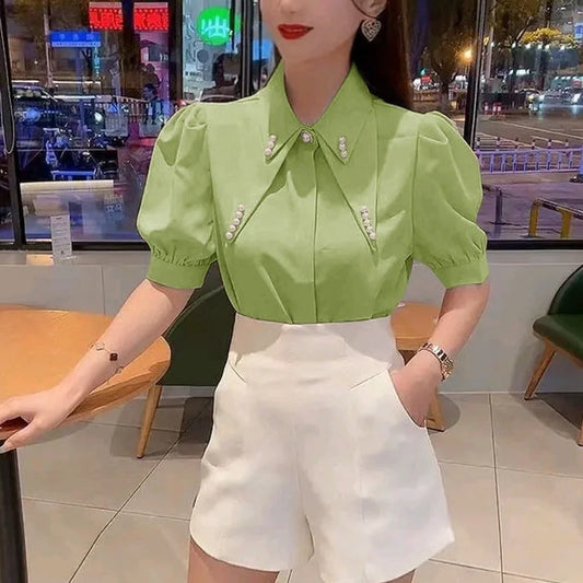 Clothes Chiffon Womens Shirt & Blouse Collar Tops for Women Office Outfits with Puffy Sleeves Wear To Work Formal Green New 2024