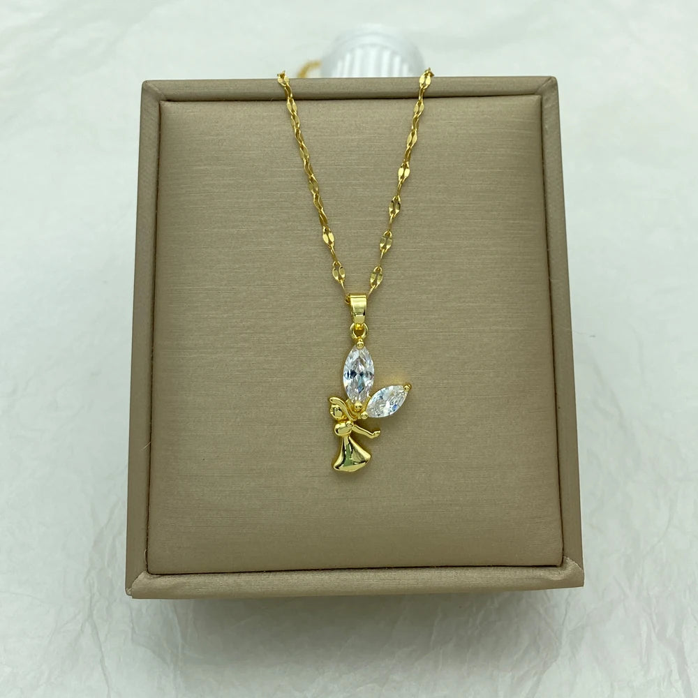 Angel Girl Zircon Pendants Necklace For Women Gifts Gold Color Stainless Steel Cute Necklace Fashion Jewerly New In