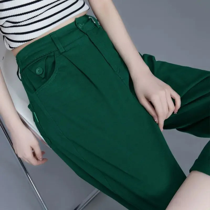 Green Casual Women Jeans Spring Autumn Fashion Harem Pants Korean Clothing Streetwear High Waist Solid All-match Trousers CY1