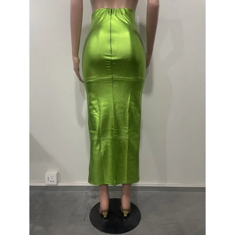 Metallic Green Skirt Y2k Women High Waist Back Slit Maxi Shiny A-line Skirts Zipper Up Summer Streetwear Party Clubwear