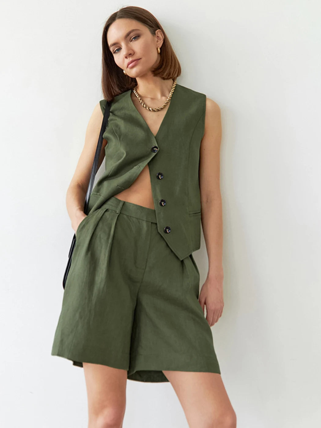 Jyate Street Style Green Shorts Suits Cotton Linen Two Pieces Vest Top Shorts Casual 2 Pcs Sets 2023 Office Ladies Shorts Outfit