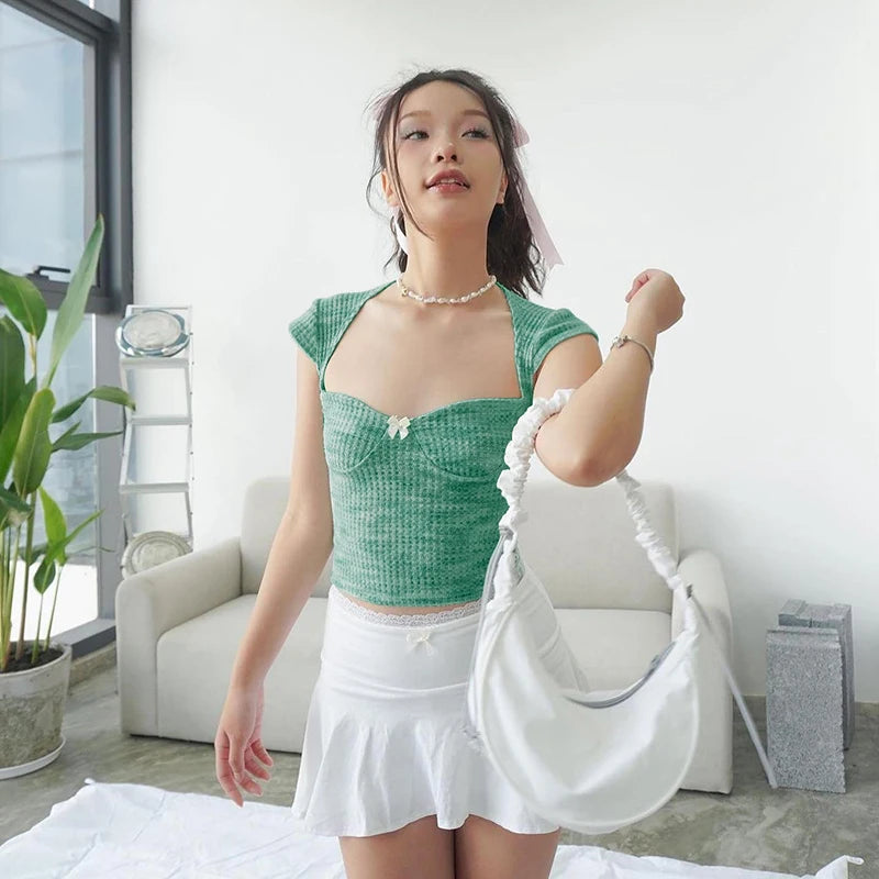 ALTDITS Fashion Streetwear Y2k Summer T-shirt Corset Tee Short Sleeve Green Bodycon Sexy Crop Top Casual Hollow Out Cropped Tops