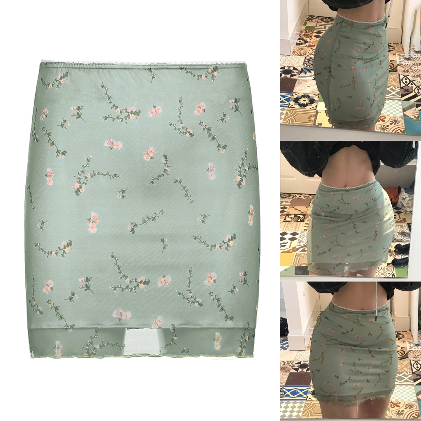 Women Girls Mini Skirt Short Mesh Flower Print High Waist Double Layer A-Line Ruffles Skinny Skirts Y2K Streetwear Light Green