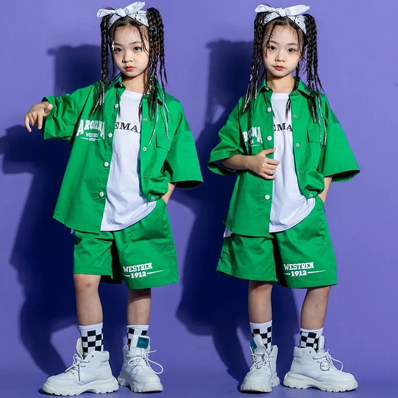 Kids Green Suit Kpop Hip Hop Clothing Solid Color Shirt Top Streetwear Cargo Jogger Shorts Pants Child Girls Jazz Dance Costume