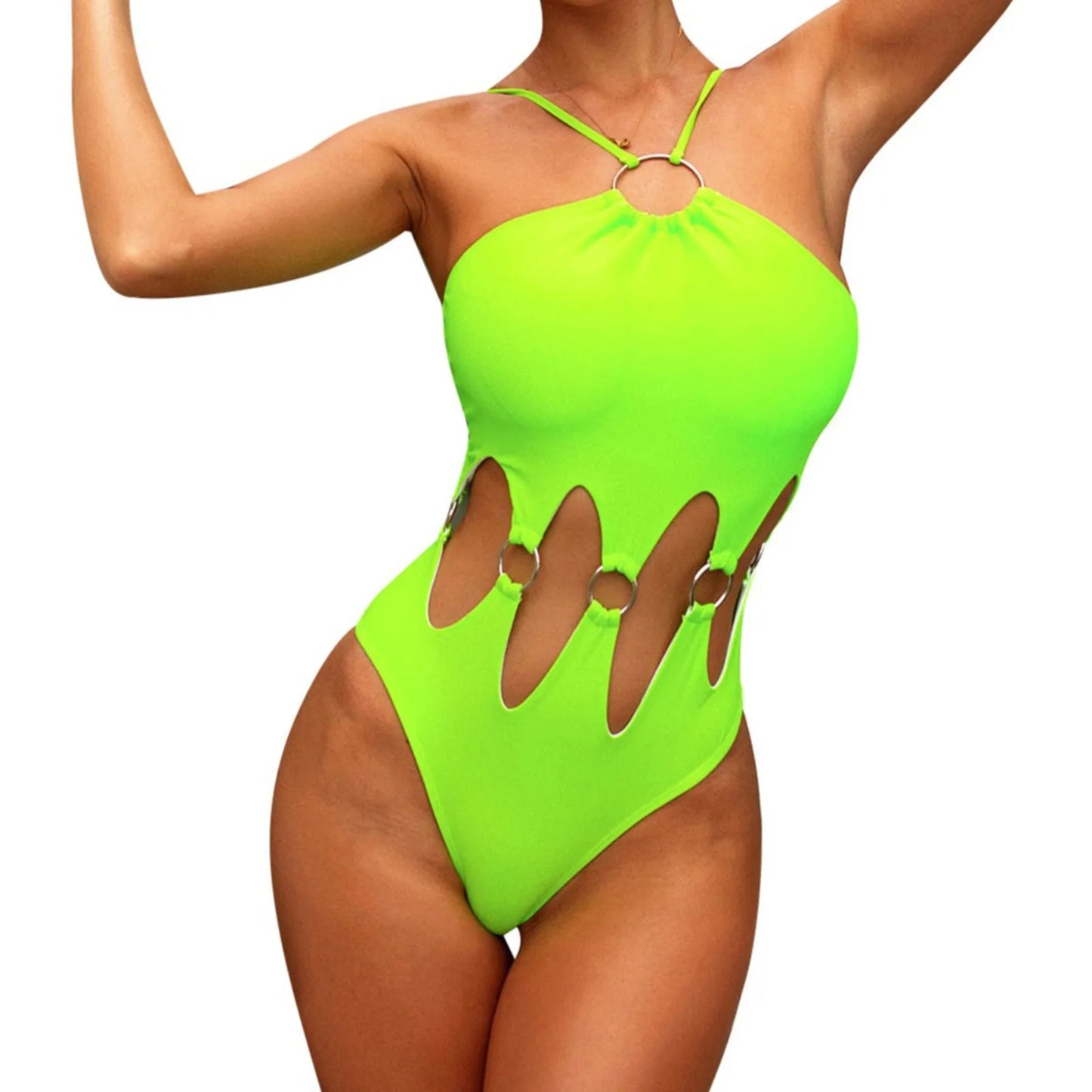 Women Sexy Fashion Adjustable Ones Piece Bikini Solid Color Swimwear Swimsuit Beachwear Set Abdominal Control Bikini Green