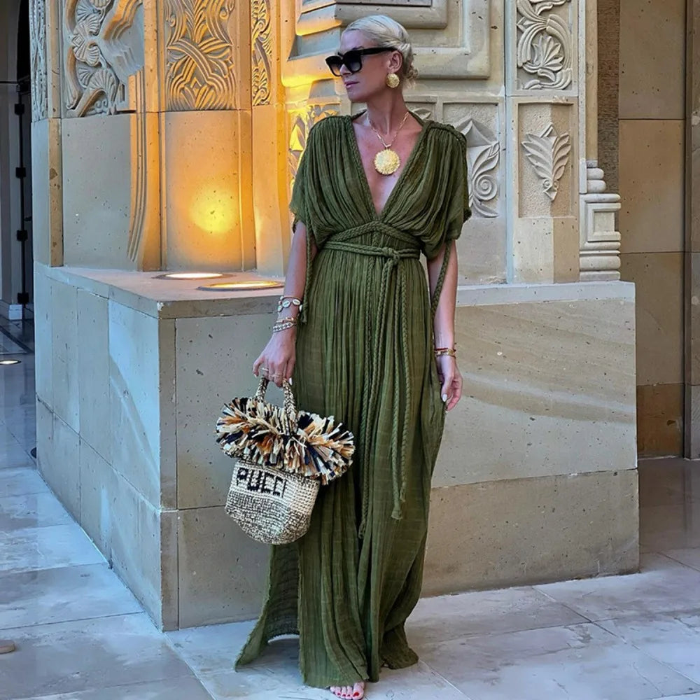 Green Bohemia Holiday Dress Women Elegant Solid Casual Loose Long Dresses Summer Sexy 2 Side Split Backless Beach Dress 2024