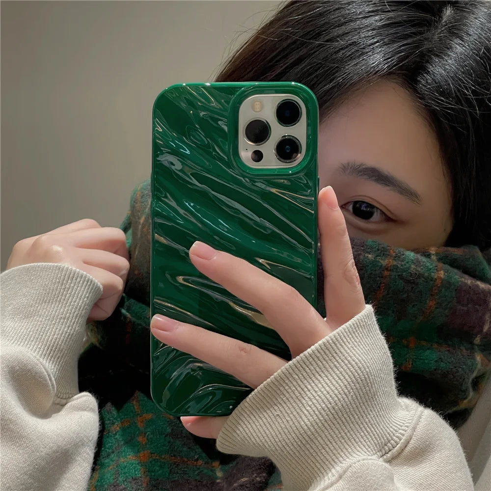 Fashion Solid Color The Puffer Case For iPhone 14 13 12 11 Pro Max 14ProMax 13Pro Silk wrinkle green Soft Phone Cover Case