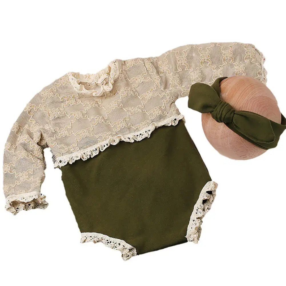 Baby Contrast Color 2 Pieces Set Newborn Green Lace Romper Jumpsuit Rabbit Headband Set Baby Boy Girls Photography Clothing