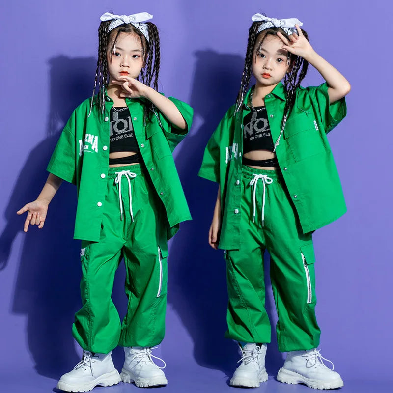 Kids Green Suit Kpop Hip Hop Clothing Solid Color Shirt Top Streetwear Cargo Jogger Shorts Pants Child Girls Jazz Dance Costume