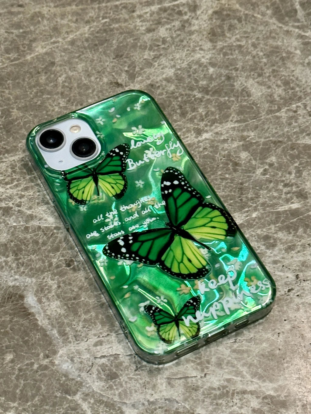 Stylish Illusory Color Ripple Beautiful Green Butterfly Flower Letter Phone Cover Case For iPhone 15 14 13 12 11 Pro Max