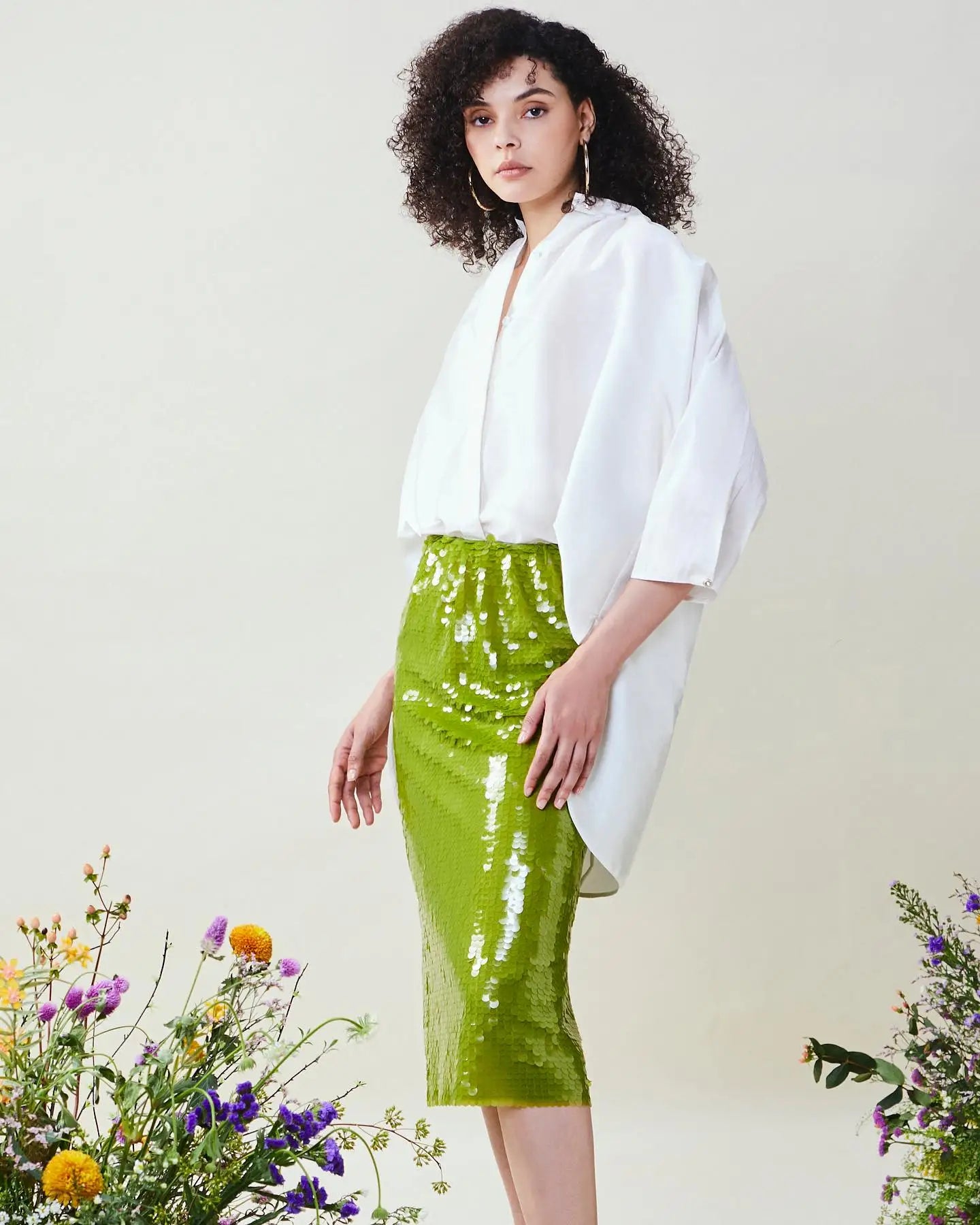 Green Sequined Midi Women Skirts Zipper Waistband Pencil Stylish Female Sequin Skirt Maxi Skirt