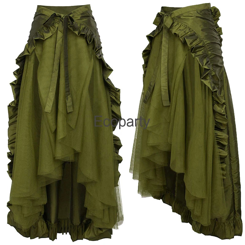 New Women Steampunk Gothic Skirt Retro Victorian Green Ruffled Lace Irregular Punk Skirts Womens Halloween Medieval Costume