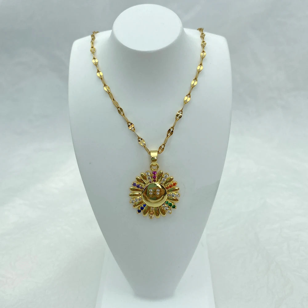 Big Sunflower With Colorful Zircons Pendant Stainless Steel Necklace For Women fashion Jewerly New In Accessories Luxury Design