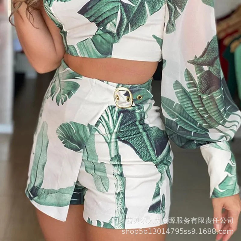 2024 Spring/Summer New Green Print Long sleeved Off Shoulder Skirt Set 2022 Summer New Sexy Off Shoulder Two Piece Set