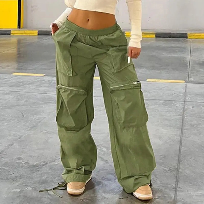 Original Retro Wide Leg Pants Y2k Hot Girl Pocket Elastic Waist Drawstring Zipper Leggings Loose Cargo Pants - Green, Brown  - L