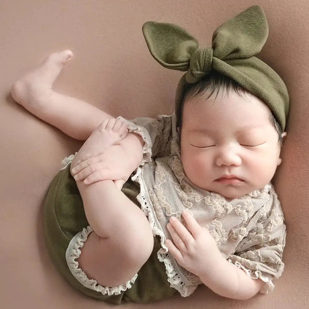 Baby Contrast Color 2 Pieces Set Newborn Green Lace Romper Jumpsuit Rabbit Headband Set Baby Boy Girls Photography Clothing