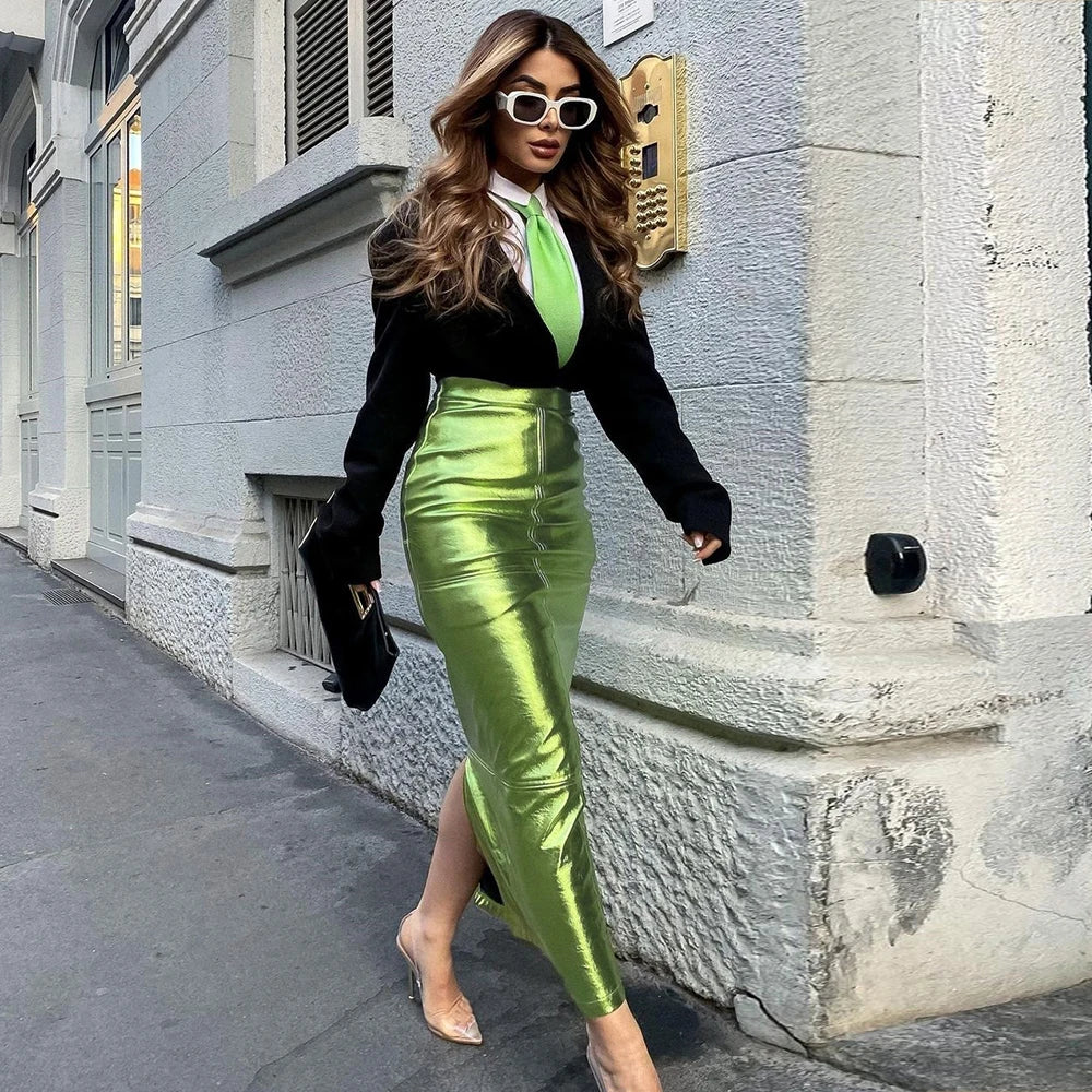 Sexy Sparkly Slit Luxury Long Skirts Women High Waist Metallic Green Slim Maxi Skirt 2023 Summer Elegant Birthday Party Clothes