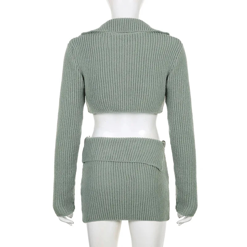 Solid Green Knitted Slim 2 Piece Set Women Autumn Long Sleeve Pockets Metal Chain Crop Top High Waist Mini Skirt Y2k Streetwear