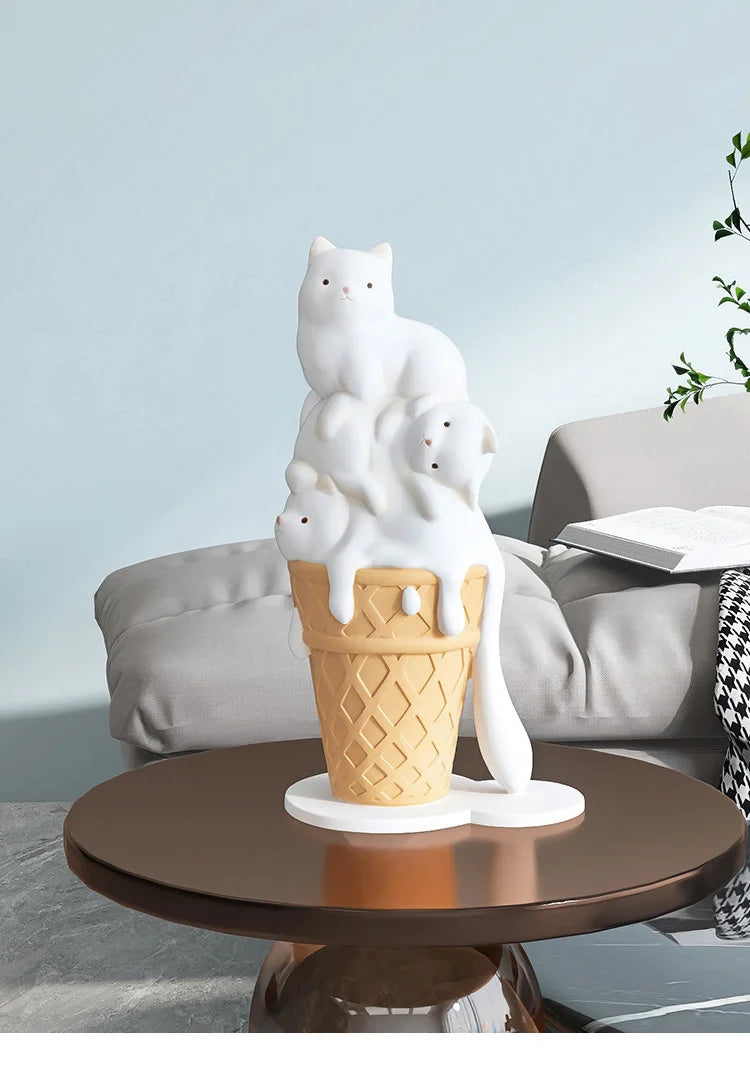 Summer Chic Ice Cream Cat Sculpture,Resin Figurines For Bookcase Shelf,Modern Home Room Decor, Creative Animal Figures,Best Gift