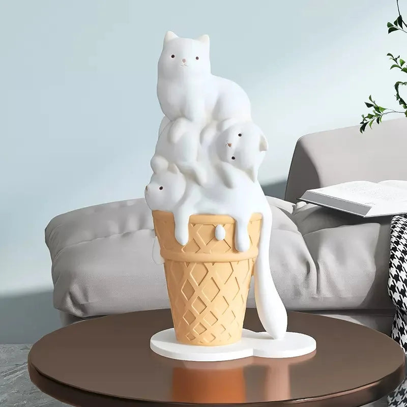 Summer Chic Ice Cream Cat Sculpture,Resin Figurines For Bookcase Shelf,Modern Home Room Decor, Creative Animal Figures,Best Gift