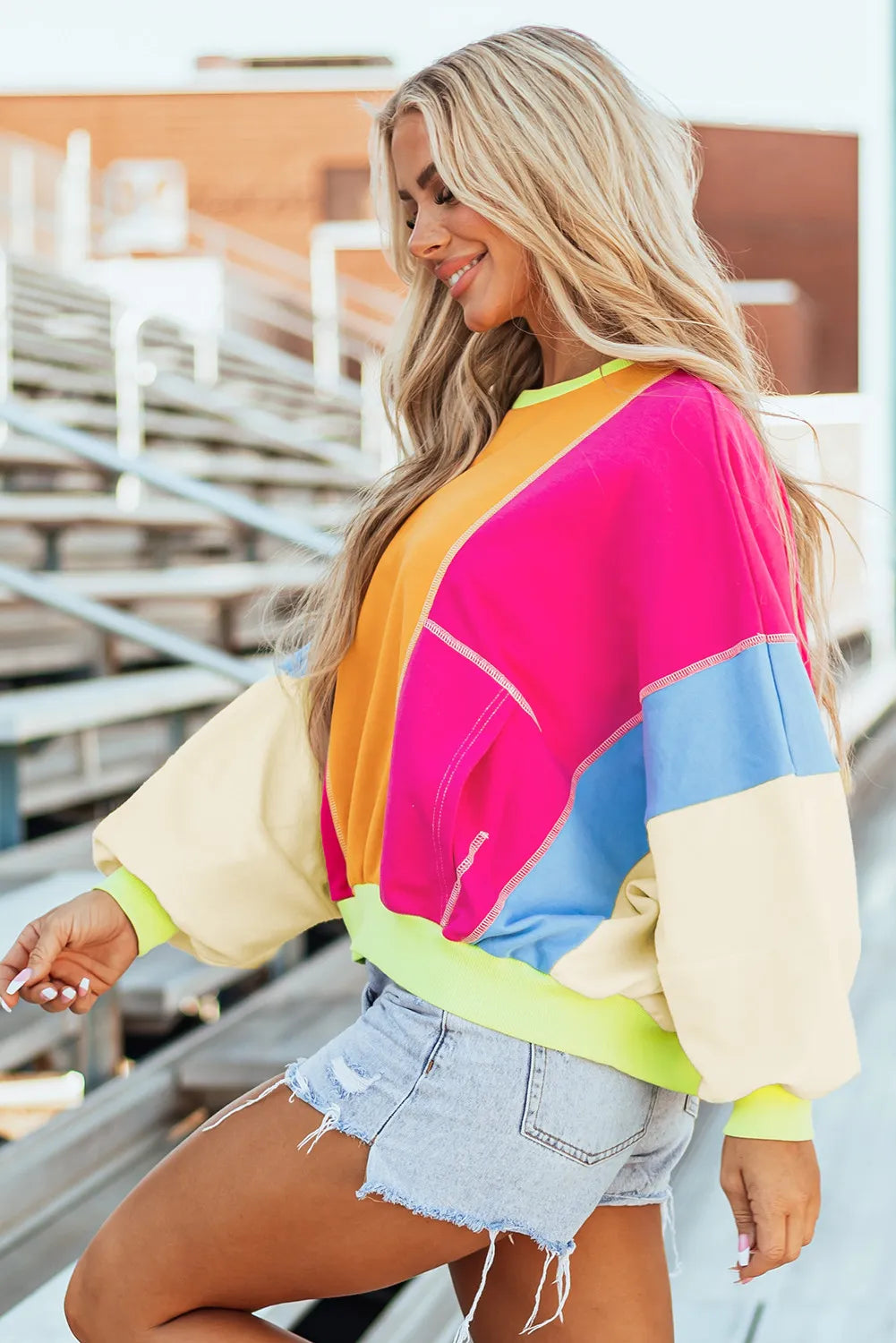 Color Block Round Neck Long Sleeve Top