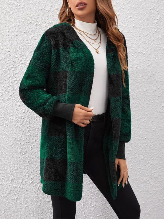 Plaid Long Sleeve Hooded Coat