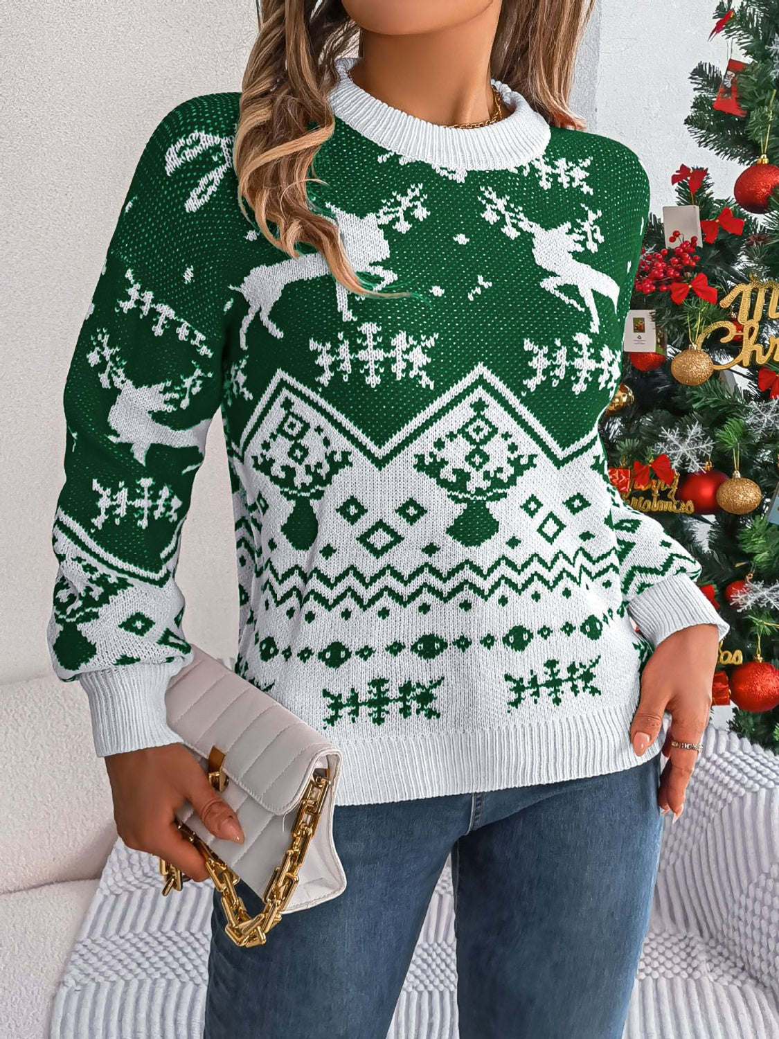 Christmas Element Round Neck Long Sleeve Sweater